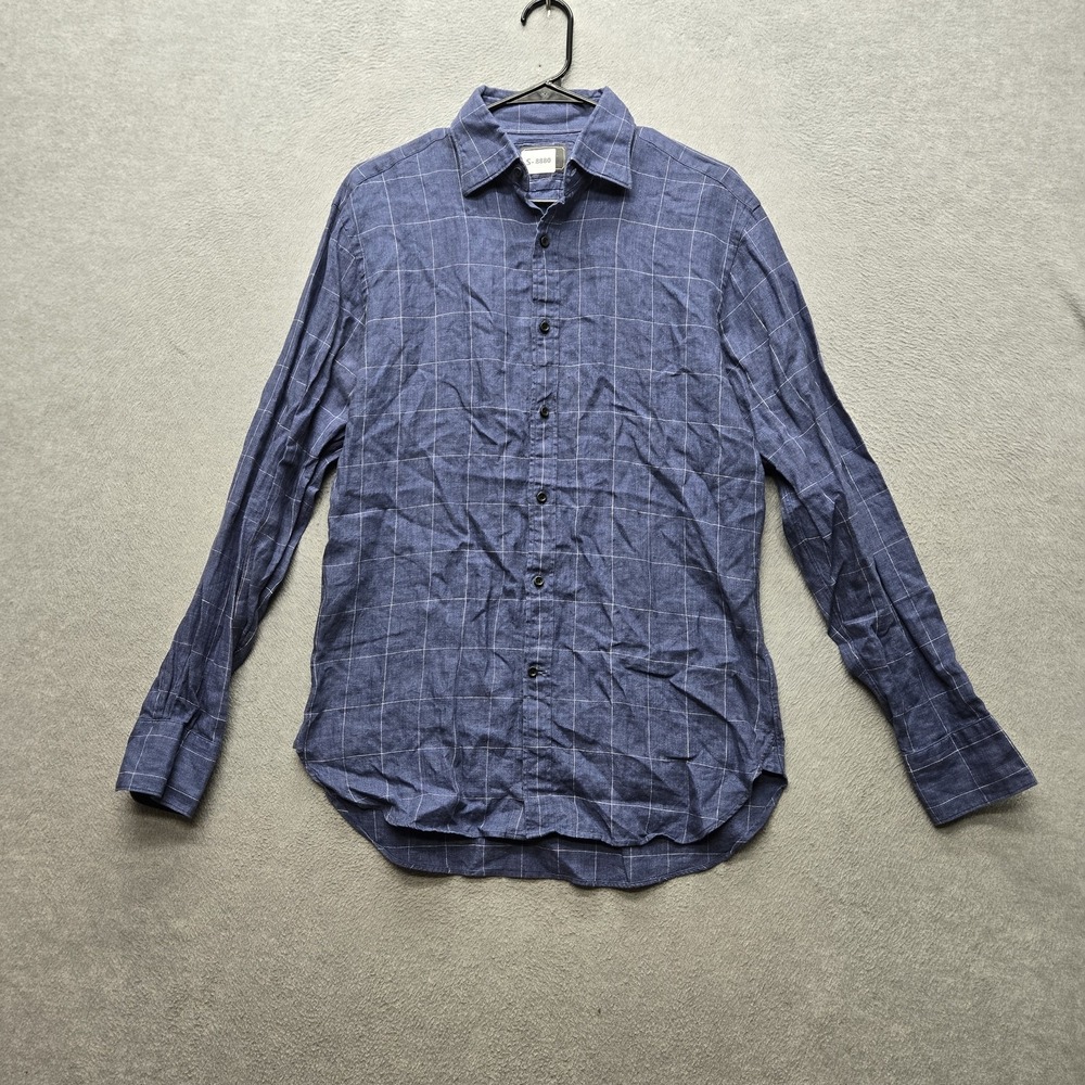 M.J Bale Men Button Up Shirt M Blue Linen Check Samurai Casual Coastal Beach